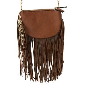 ALDO Boho Hippie Faux leather brown Crossbody fringe purse bag Gold Charms Strap